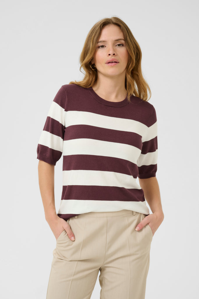 Kaffe Lizza Striped Knit Pullover Top - Fudge/ Chalk Wide Stripe