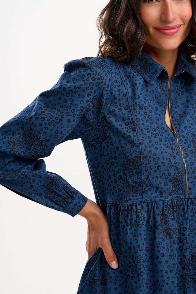 Sugarhill Brighton- Karen Mini Smock Dress- Petrol navy, Hidden Leopard.
