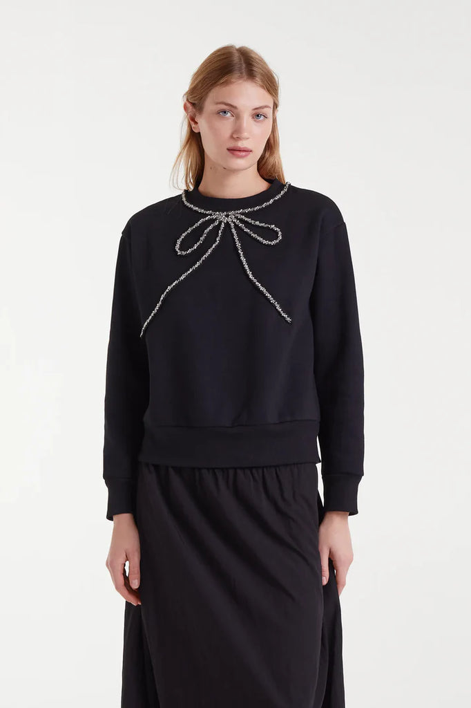 Compania Fantasica Jewel Neck Sweatshirt- Beaded Bow Black