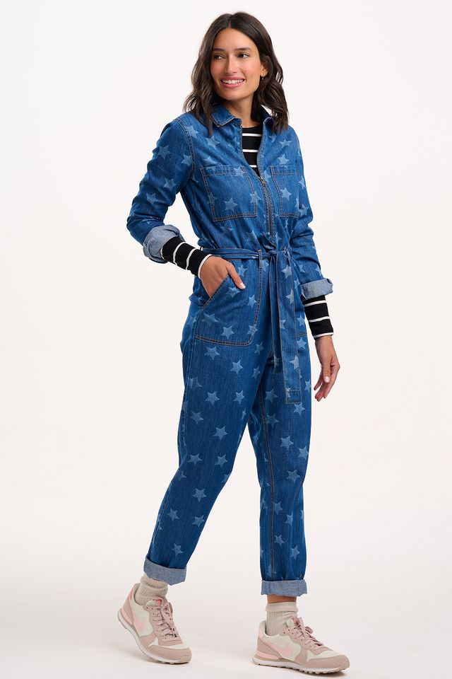 Sugarhill Brighton Anwen Boilersuit - Mid Blue Demin, Bleached Stars
