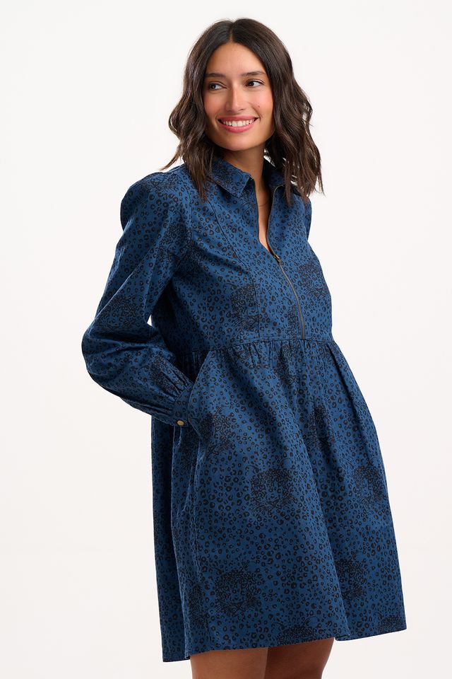 Sugarhill Brighton- Karen Mini Smock Dress- Petrol navy, Hidden Leopard.