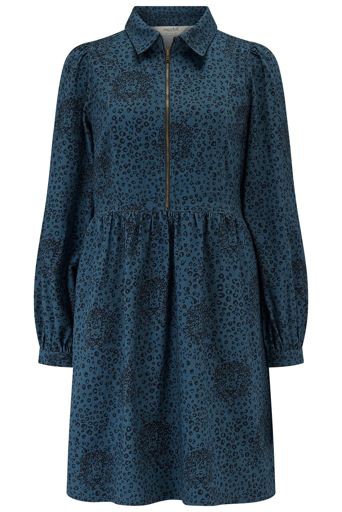 Sugarhill Brighton- Karen Mini Smock Dress- Petrol navy, Hidden Leopard.