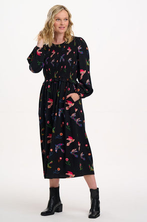 Sugarhill Brighton Darcie Shirred Midi Dress- Black, Rainbow Folk Bird