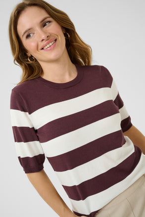 Kaffe Lizza Striped Knit Pullover Top - Fudge/ Chalk Wide Stripe