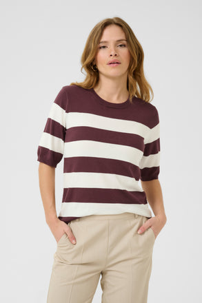 Kaffe Lizza Striped Knit Pullover Top - Fudge/ Chalk Wide Stripe