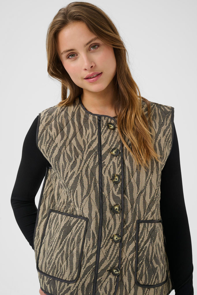 Kaffe Kayla Warm Waistcoat- Feather Gray / Black Animal Print.