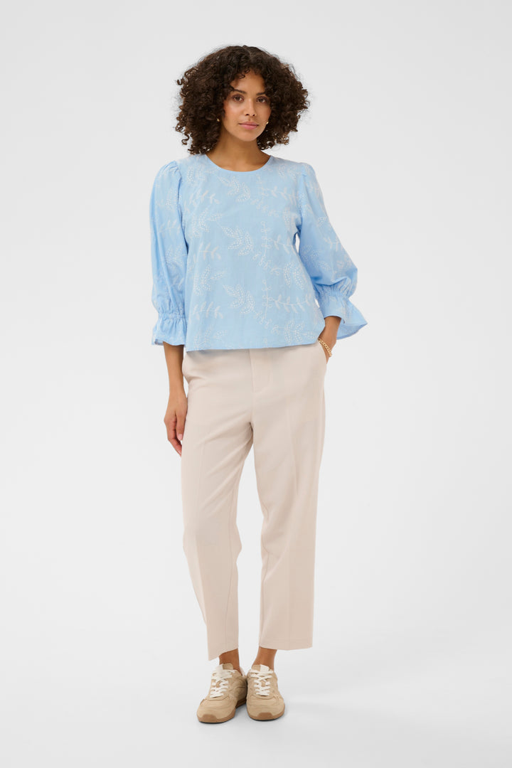 Kaffe KAmarlee Blouse- White Blue Embroidery Stripe