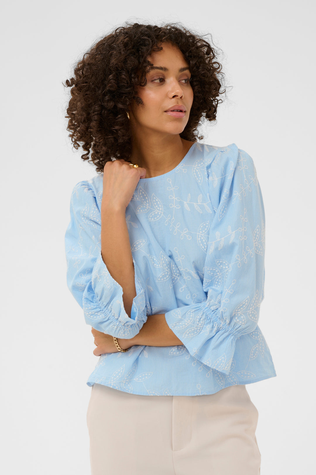 Kaffe KAmarlee Blouse- White Blue Embroidery Stripe