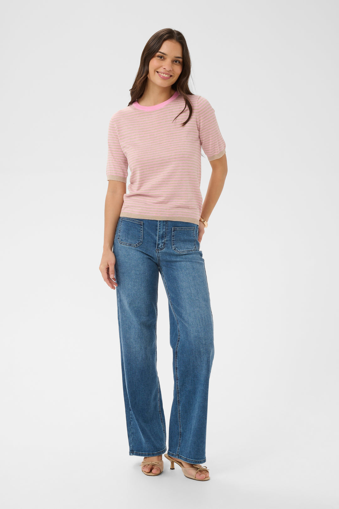 Kaffe Alizza Narrow Striped Pullover - Feather Mel/ Pink Fine Stripe
