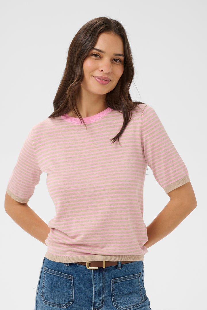 Kaffe Alizza Narrow Striped Pullover - Feather Mel/ Pink Fine Stripe