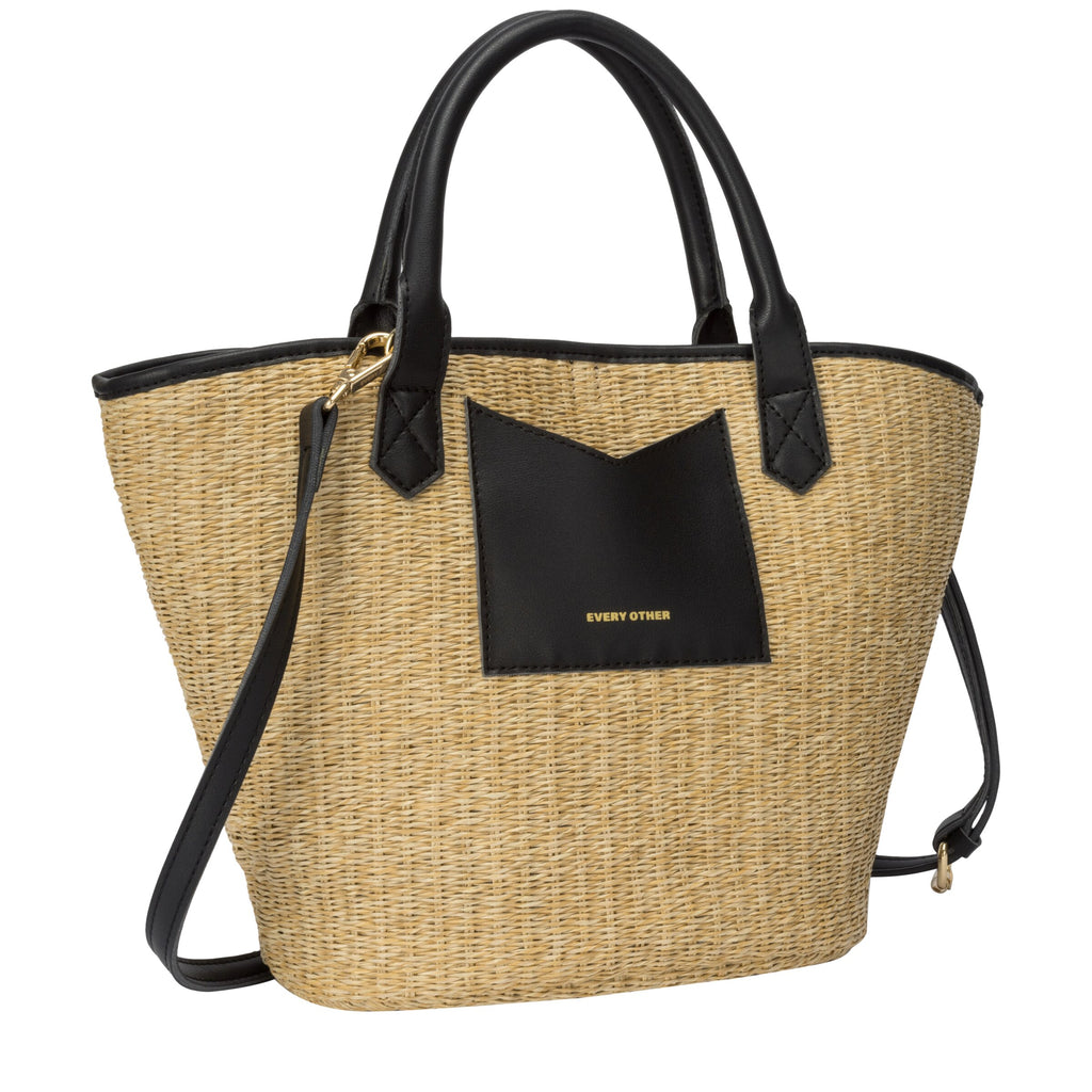 Every Other Wicker style satchel bag with crossbody strap and pouch.