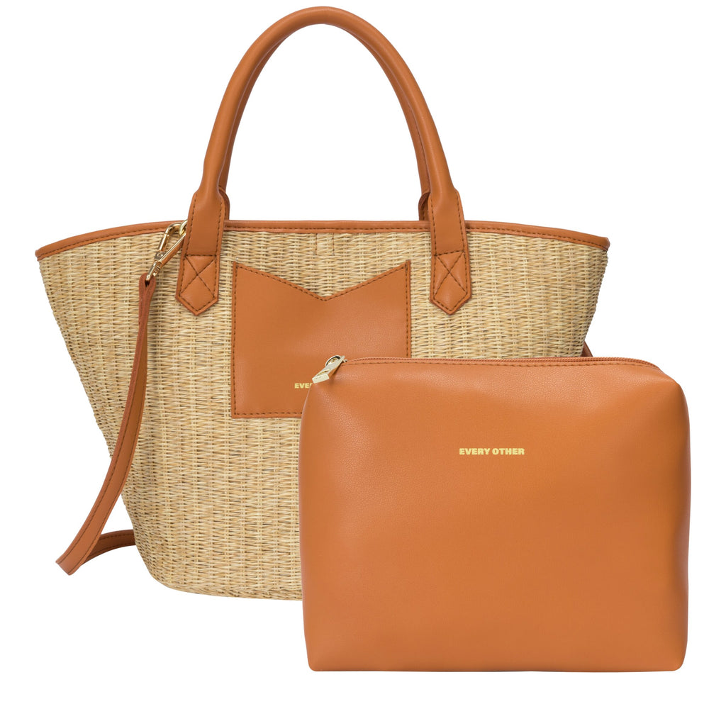 Every Other Wicker style satchel bag with crossbody strap and pouch.