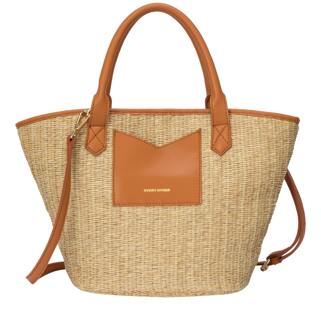 Every Other Wicker style satchel bag with crossbody strap and pouch.