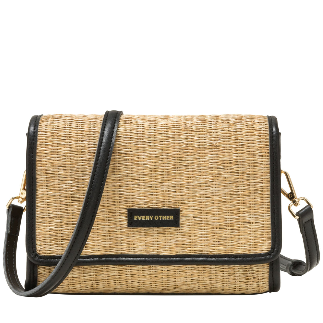 EVERY OTHER Straw Flap Over Cross Body Bag - Black