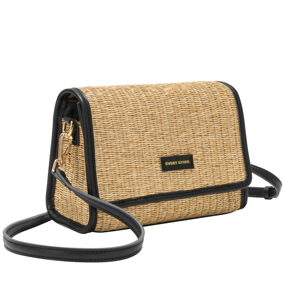 EVERY OTHER Straw Flap Over Cross Body Bag - Black