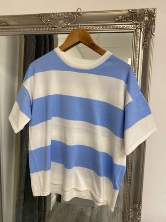 ICHI IHLULS Loose Short Sleeve Pullover- Wide Cloud Blue