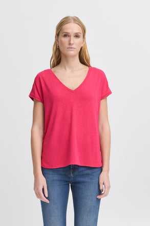 Ichi Rebel V Neck Tshirt- bright rose