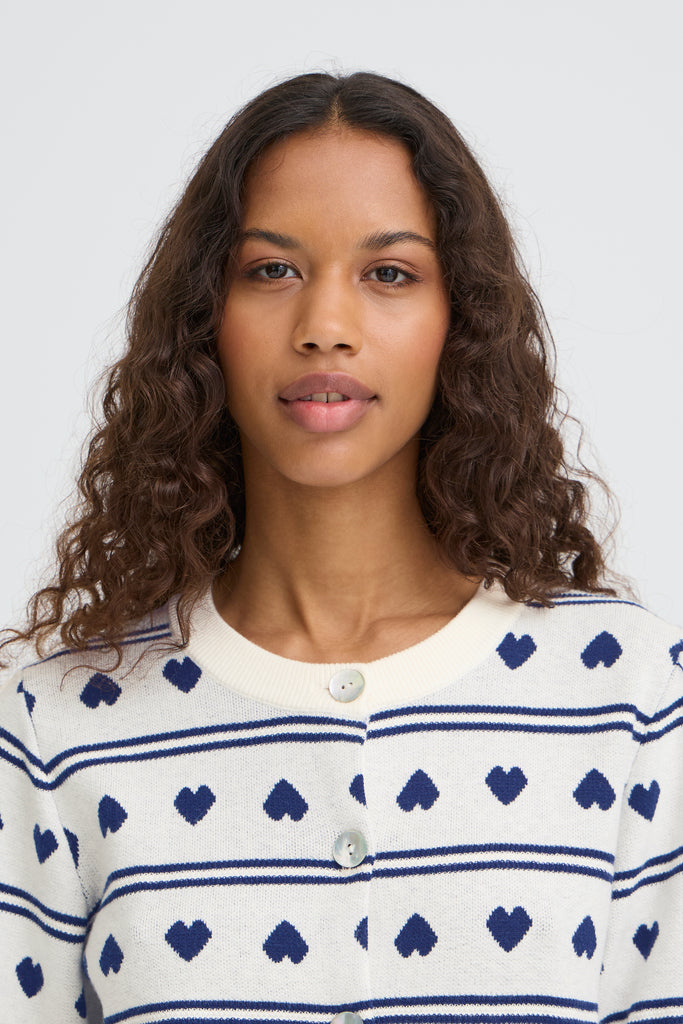 ICHI IHBRIELLE Cardigan - Birch and Blue Heart Print