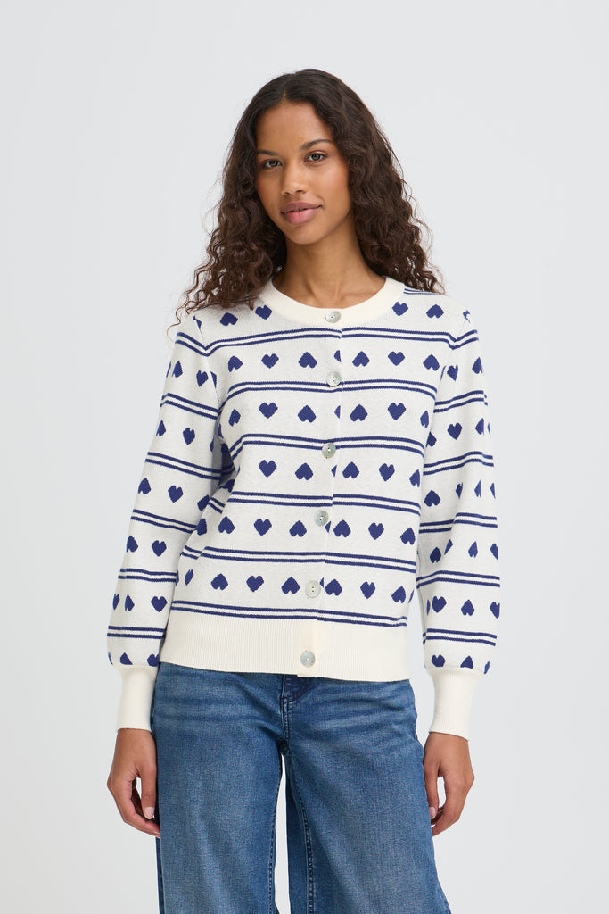 ICHI IHBRIELLE Cardigan - Birch and Blue Heart Print