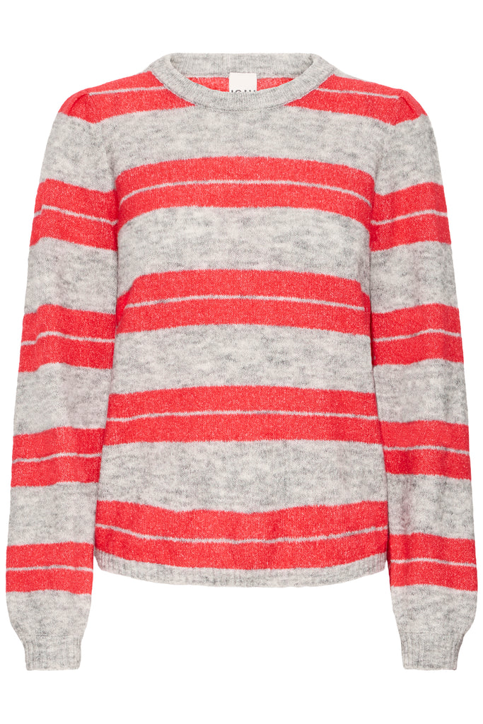 ICHI IHDUSTY Long Sleeved Pullover- Grey Melange with Teaberry Stripes