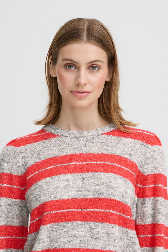 ICHI IHDUSTY Long Sleeved Pullover- Grey Melange with Teaberry Stripes