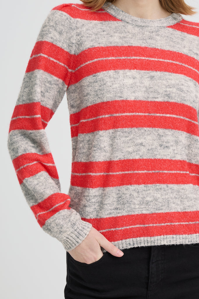 ICHI IHDUSTY Long Sleeved Pullover- Grey Melange with Teaberry Stripes