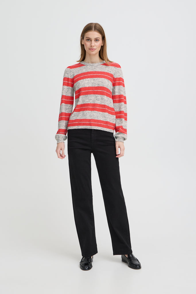 ICHI IHDUSTY Long Sleeved Pullover- Grey Melange with Teaberry Stripes