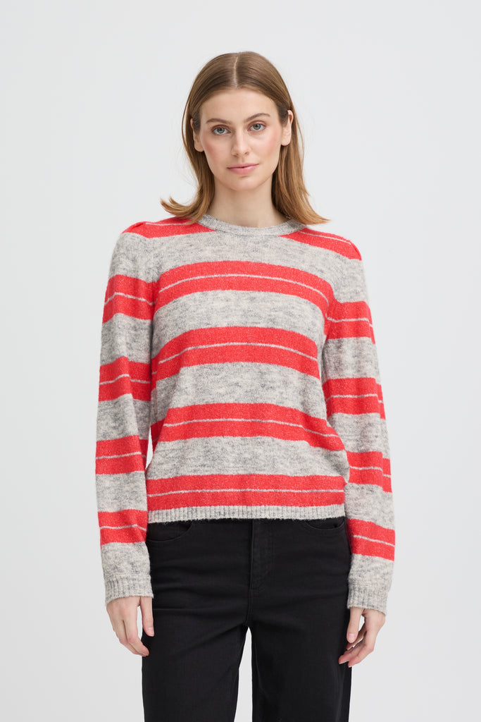 ICHI IHDUSTY Long Sleeved Pullover- Grey Melange with Teaberry Stripes
