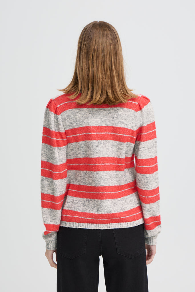 ICHI IHDUSTY Long Sleeved Pullover- Grey Melange with Teaberry Stripes