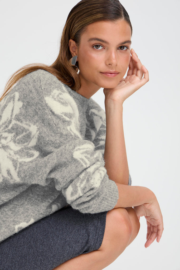 BYoung Omea Flower Jumper - Mid Grey Melange Mix