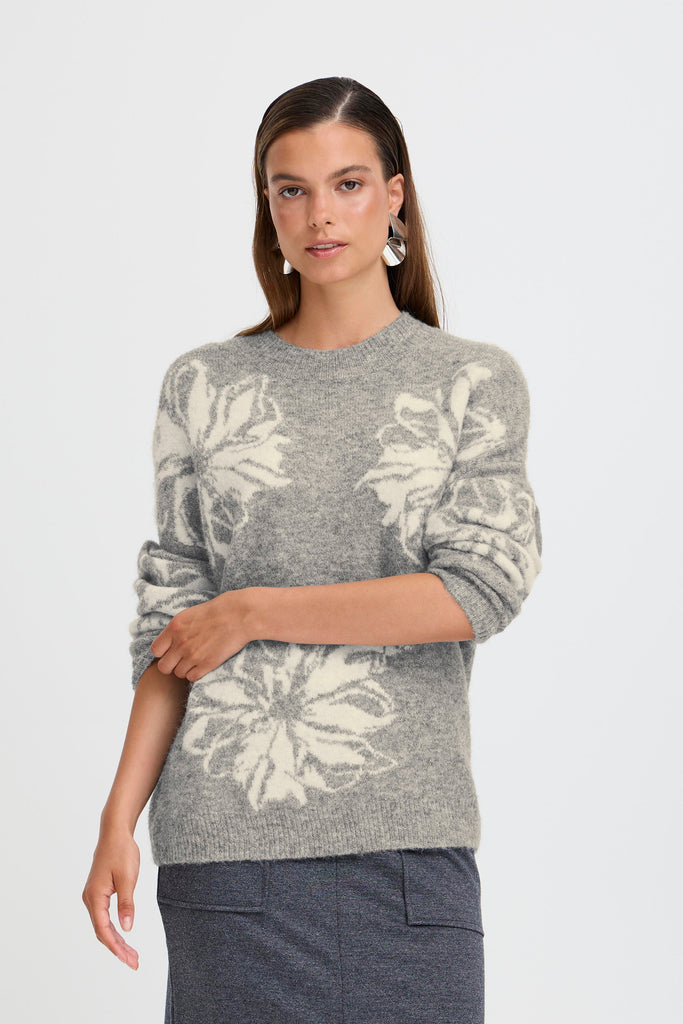 BYoung Omea Flower Jumper - Mid Grey Melange Mix