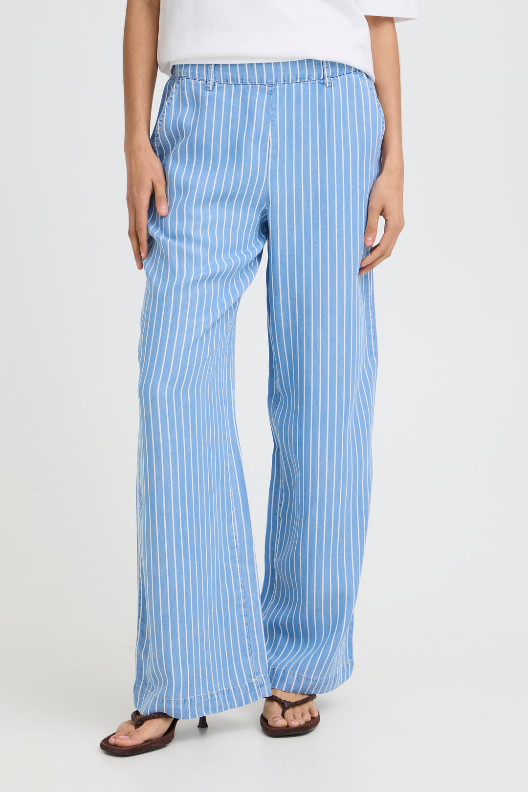 B.Young Kosmo Wide Trousers- Light Blue Denim Stripe