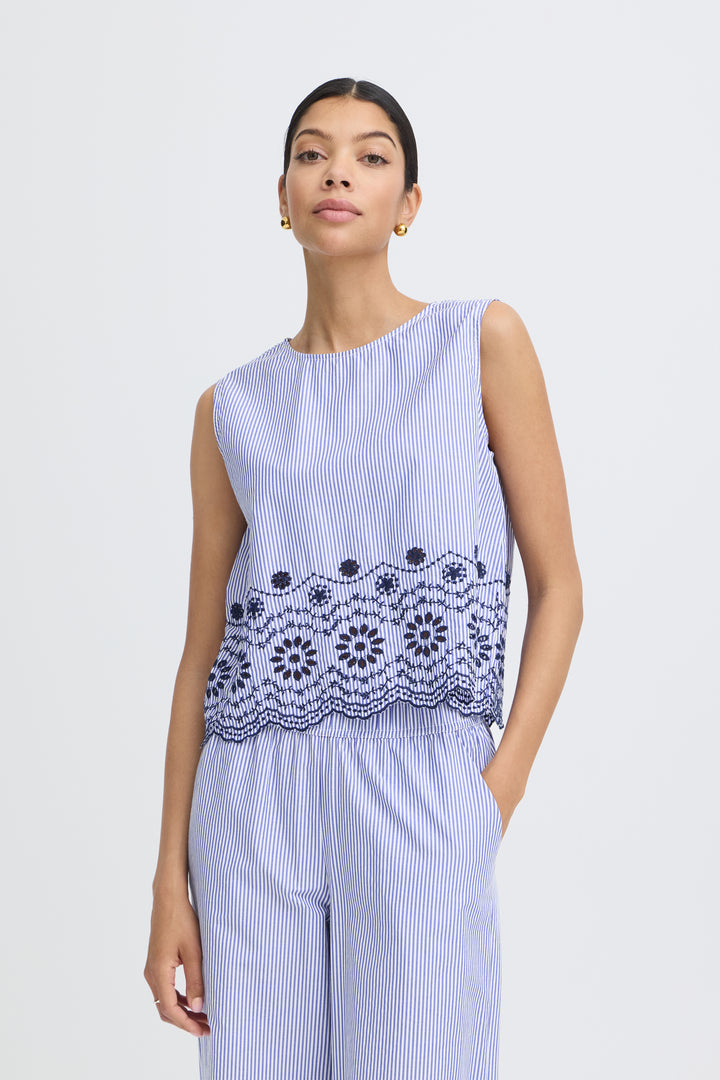 B.Young Inzi Embroidery Sleeveless Blouse- Blue