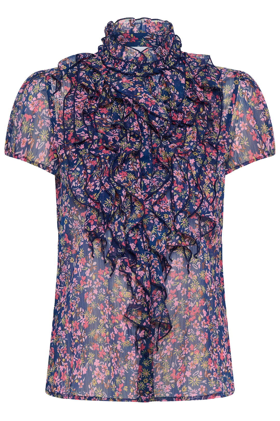 Saint Tropez LiljaSZ Crinkle Short Sleeve Shirt - Navy Peony Blooms
