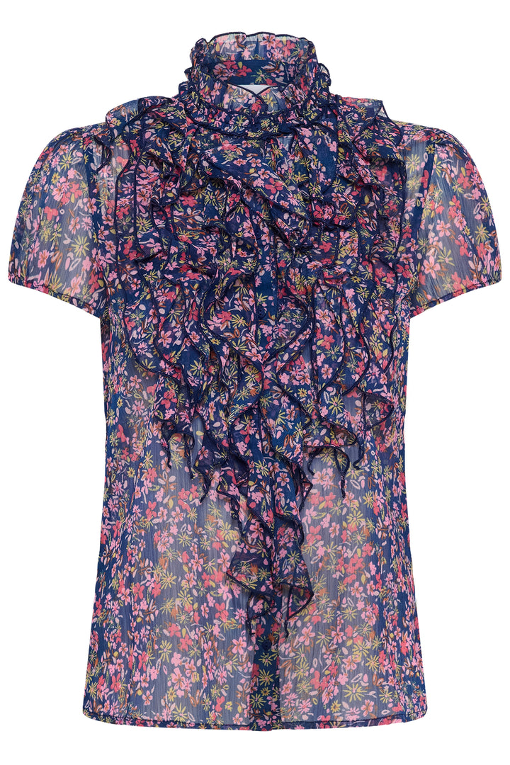 Saint Tropez LiljaSZ Crinkle Short Sleeve Shirt - Navy Peony Blooms