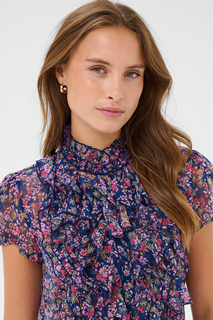 Saint Tropez LiljaSZ Crinkle Short Sleeve Shirt - Navy Peony Blooms