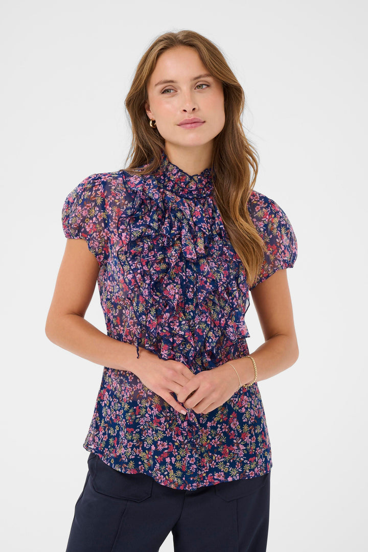 Saint Tropez LiljaSZ Crinkle Short Sleeve Shirt - Navy Peony Blooms
