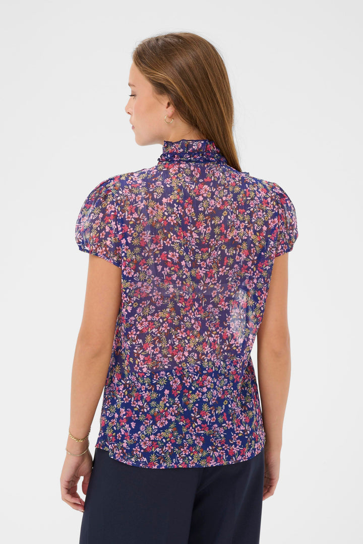 Saint Tropez LiljaSZ Crinkle Short Sleeve Shirt - Navy Peony Blooms