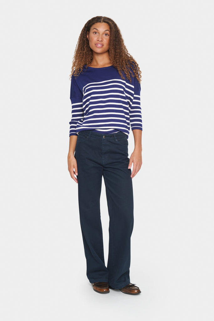 Saint Tropez Mila R-Neck striped Pullover- Midnight sail