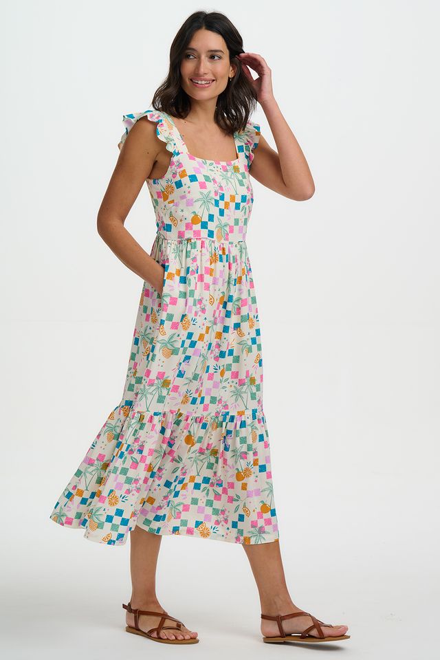 Sugarhill Brighton Estelle Shirred Sundress- Off White/Fruit Checkerboard