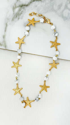 Envy Gold Starfish And White Marble beaded Necklace- 4820