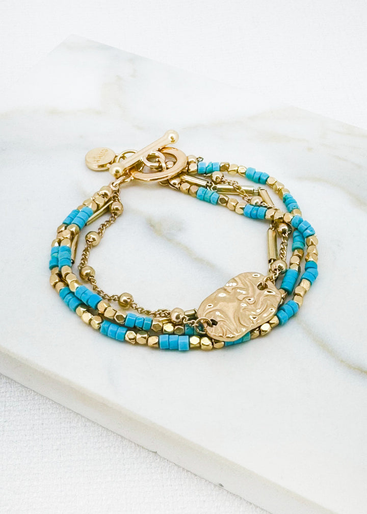 Envy Gold and Aqua Layered T-Bar Bracelet