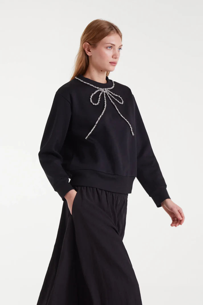 Compania Fantasica Jewel Neck Sweatshirt- Beaded Bow Black