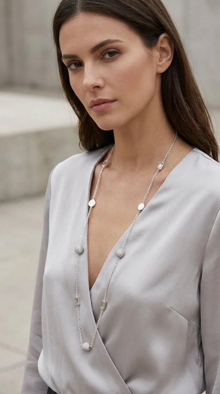 Envy Long Diamante & Crystal Necklace - Silver