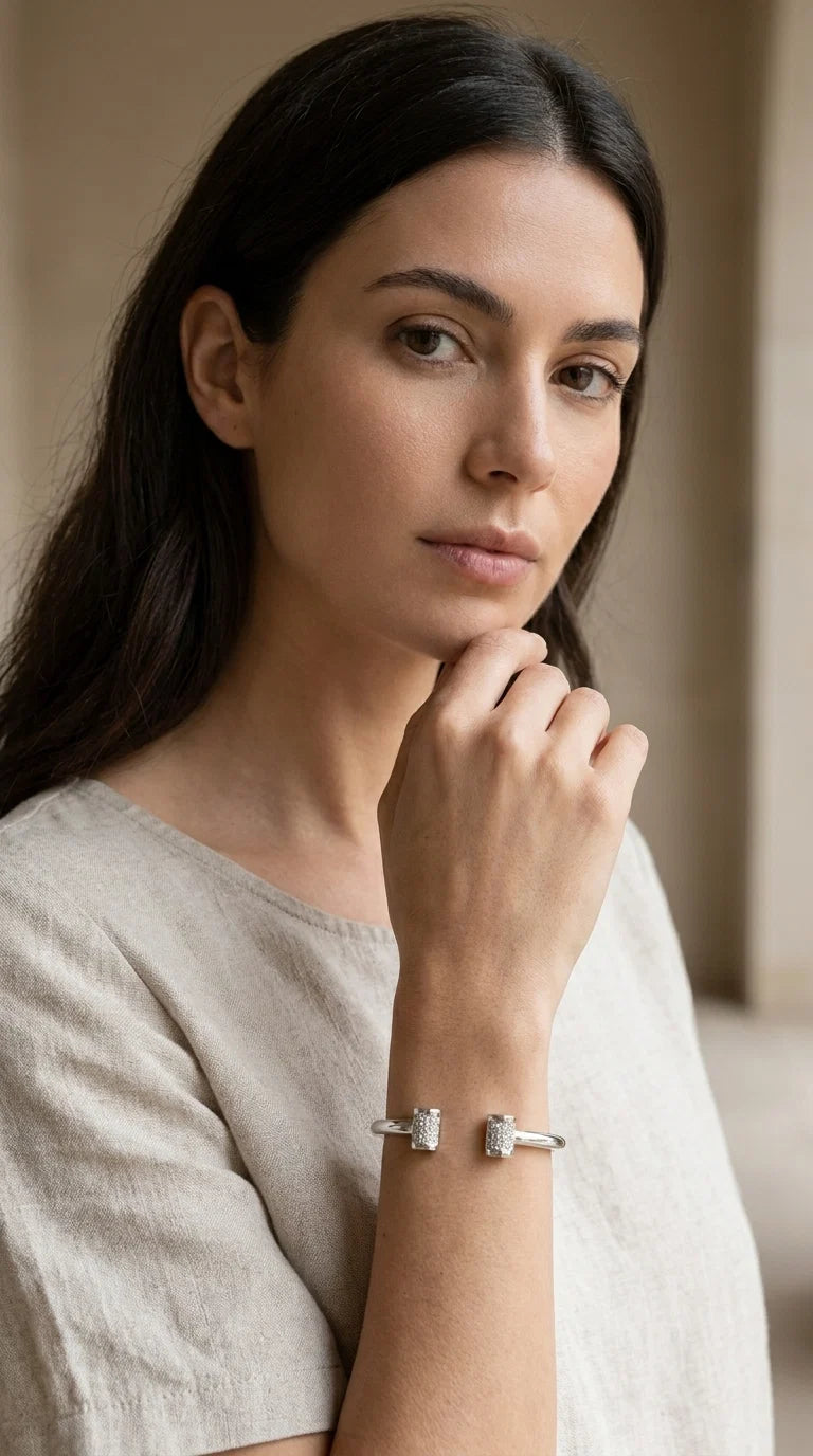 Envy Silver bangle with diamante barrel detail