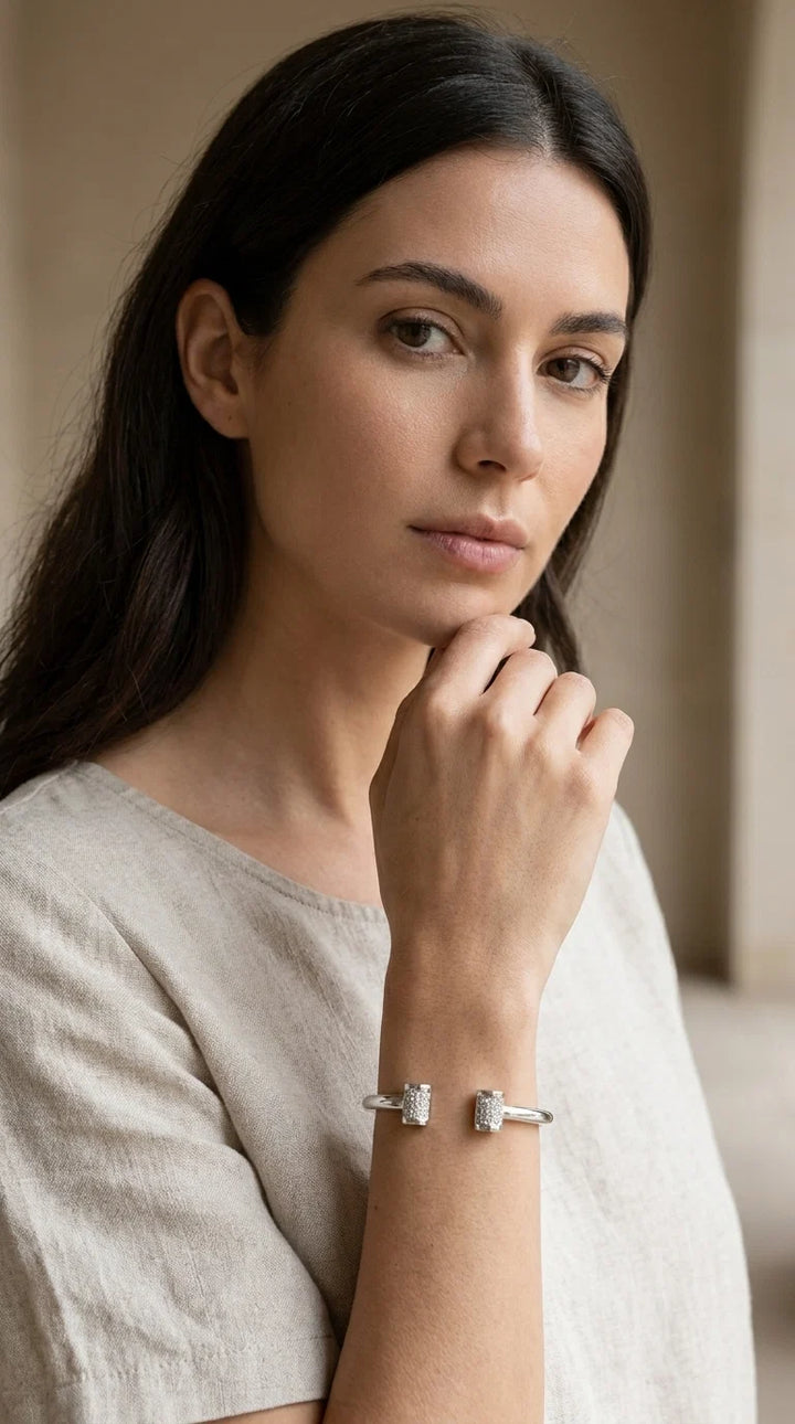 Envy Silver bangle with diamante barrel detail