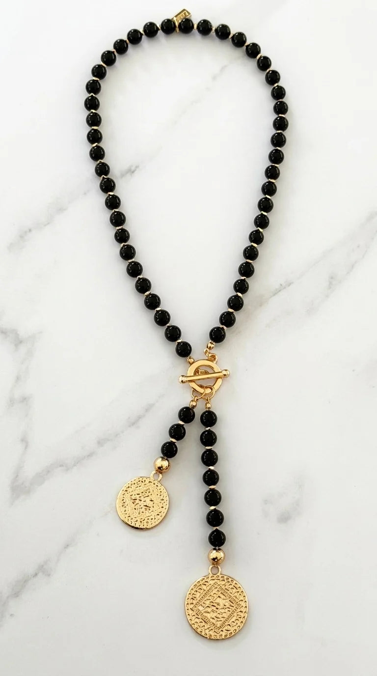 Envy Bead T‑Bar Coin Necklace - Black