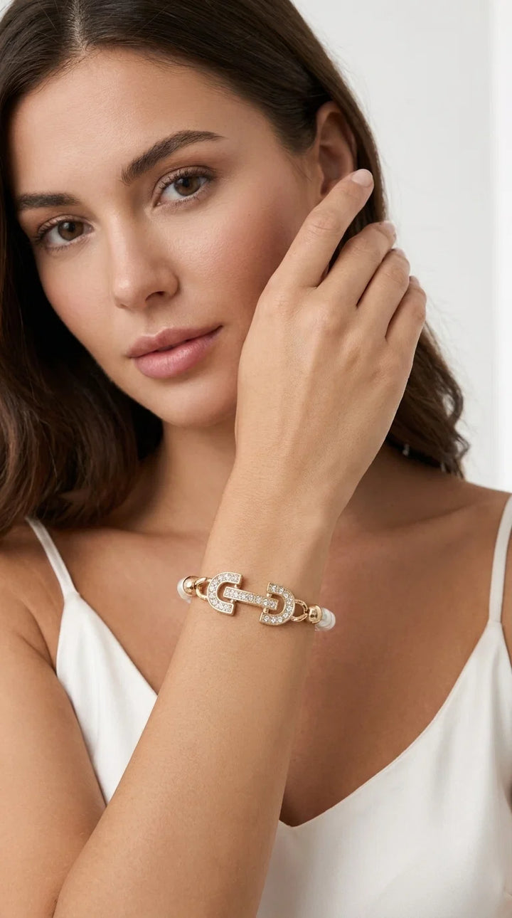 Envy Pearl Horsebit Gold Diamante Bracelet