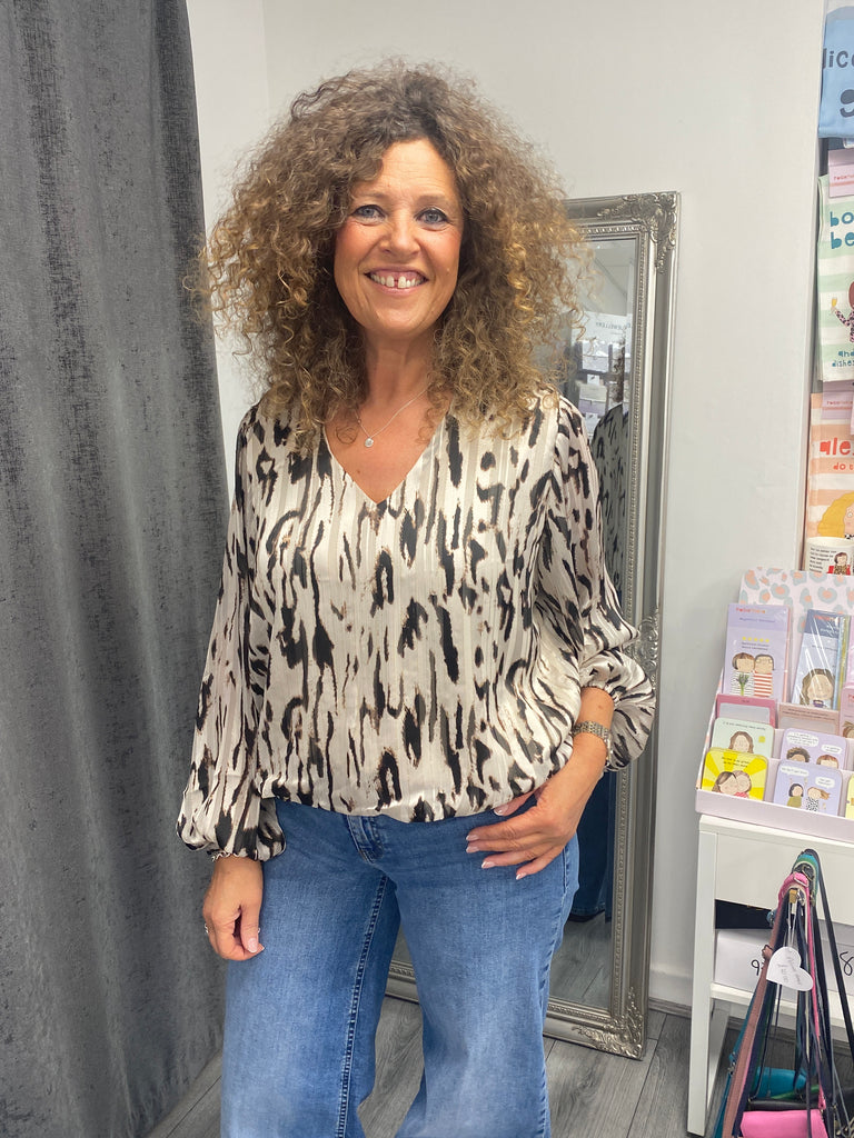 Italian Puffball V-Neck Top- Animal