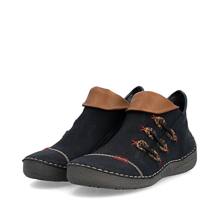 Rieker Short Black Boot- Leopard Print Details
